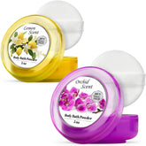 R-NEU body powder bottle with luminous lemon scent for soft, dry skin after bath