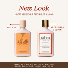 Etiqueta del acondicionador Rahua Isla Encantada muestra ingredientes naturales para cabello saludable.