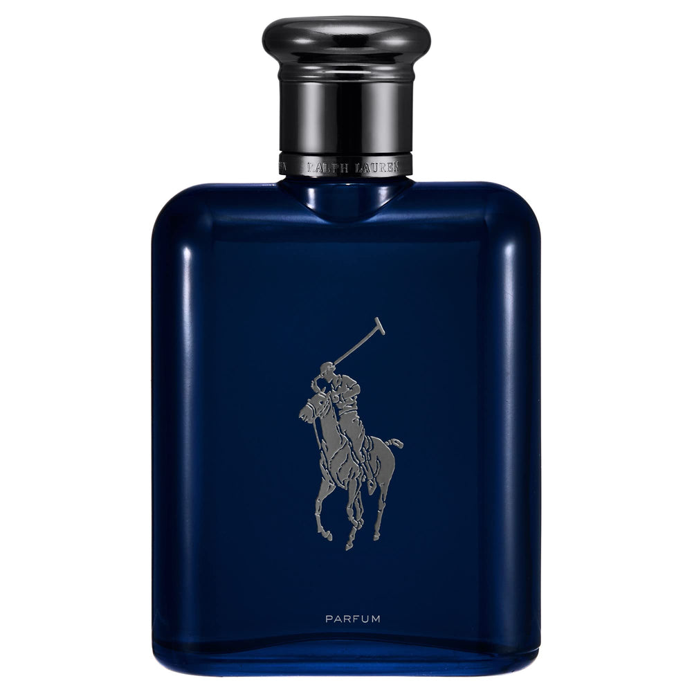 Polo Blue Parfum de Ralph Lauren Fragrances: botella azul marino y silueta elegante.