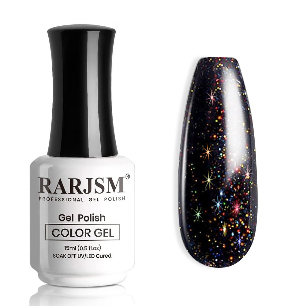 RARJSM gel uñas brillo negro iridiscente para acabado glam en casa.