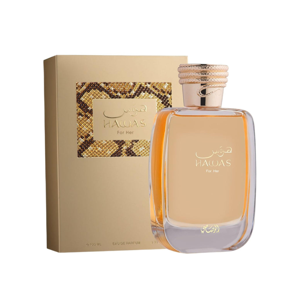 La botella de Rasasi Hawas con acabado dorado, ideal para ocasiones especiales.