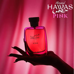 Rasasi Hawas Pink, corazón de naranja y tuberaosa con toque suave de malvavisco