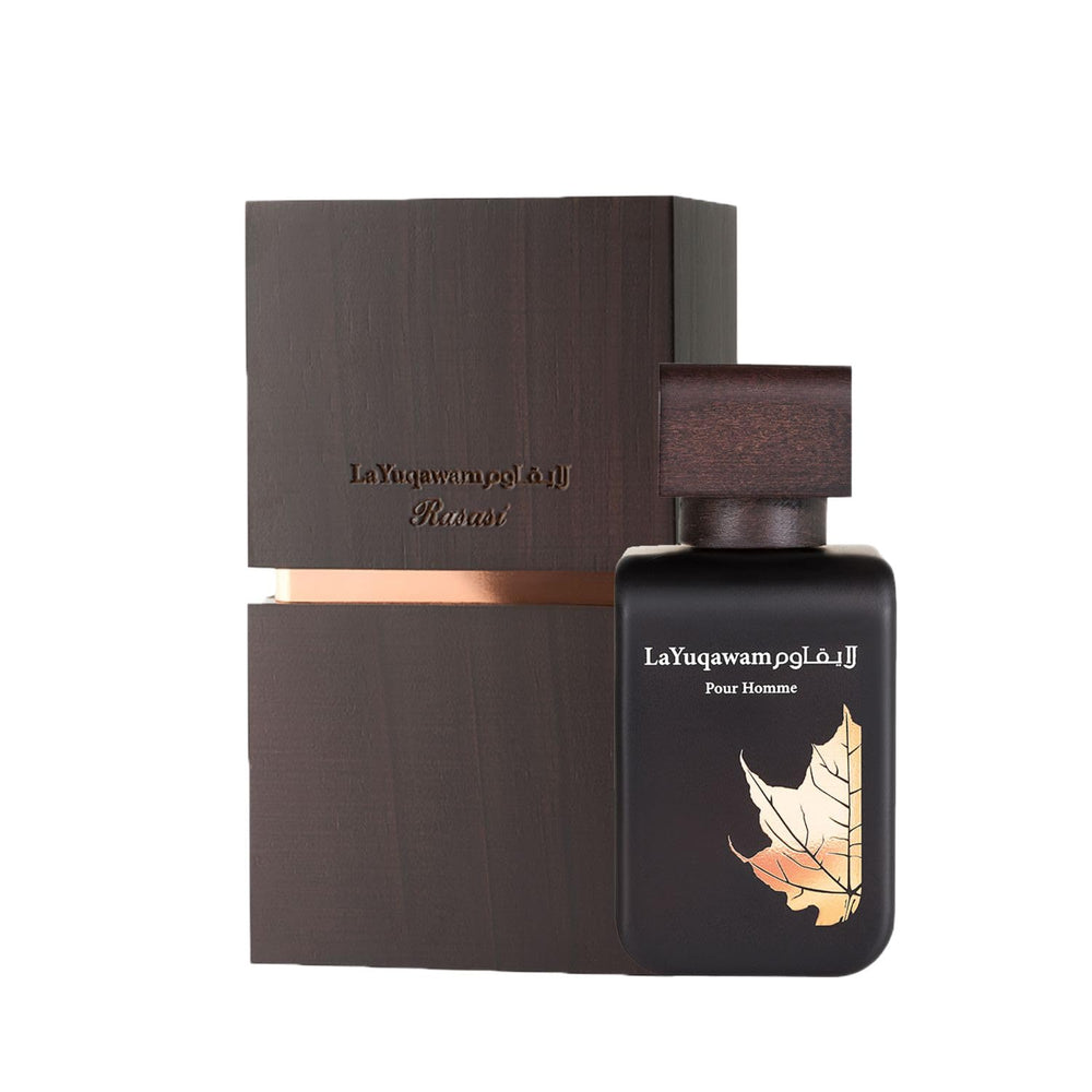 Rasasi La Yuqawam Frontal botella: presencia elegante para noche y día.