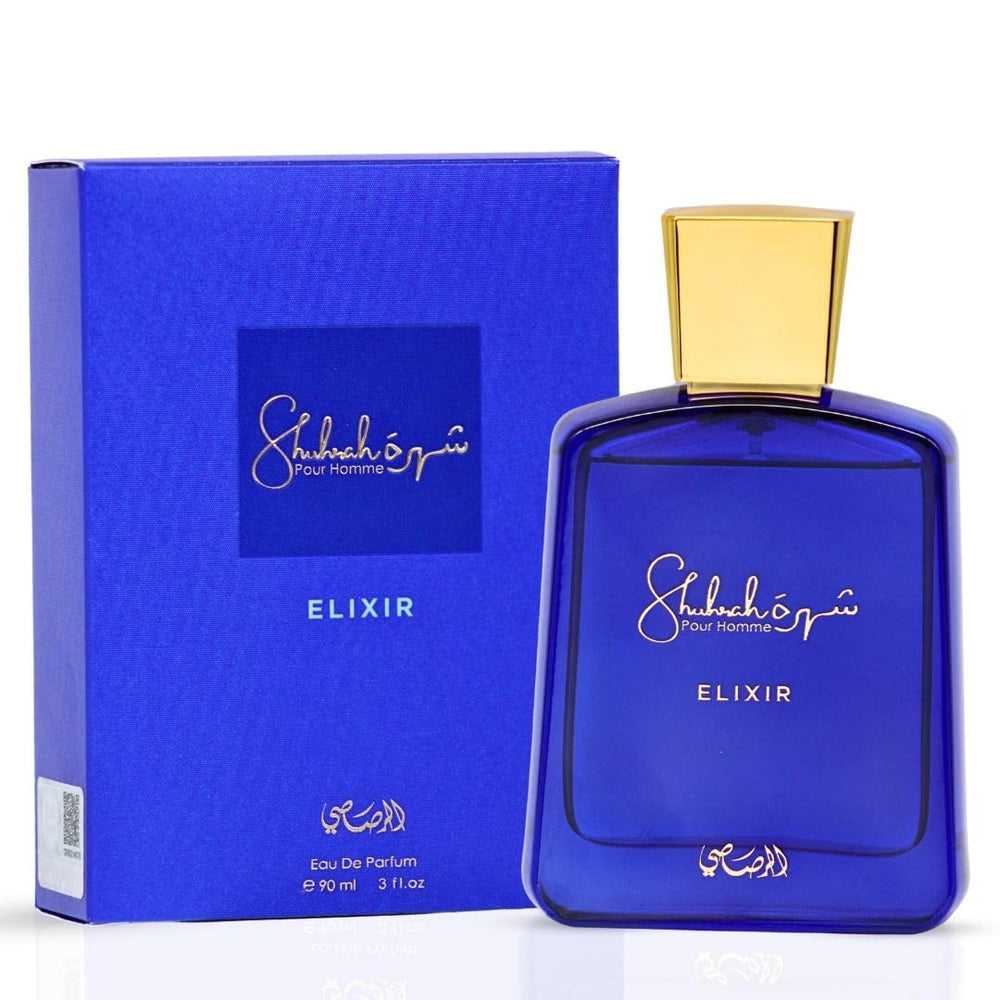 Rasasi Shuhrah Elixir Pour Homme, frasco pulso, aroma intenso y duradero para el día.