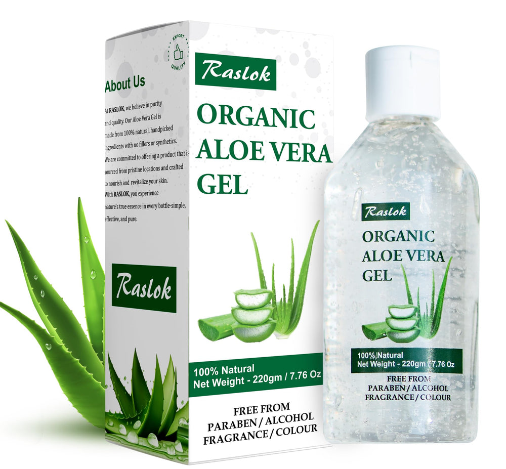 Raslok gel aloe vera 99% puro para piel suave y cabello hidratado.
