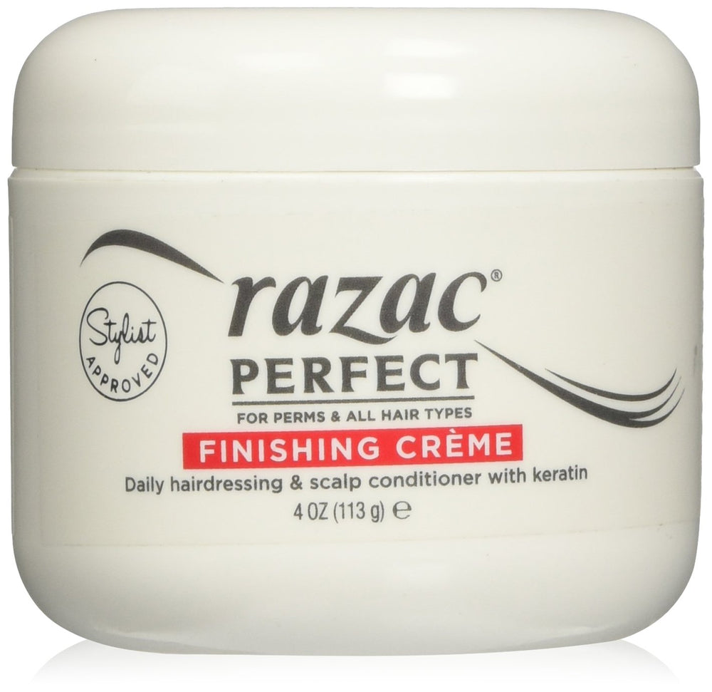 Razac crema de acabado para permanentes, envase 4 oz, aporta brillo suave y control del peinado.