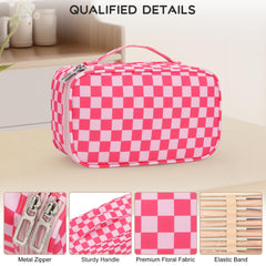 Relavel bolsa de maquillaje rosa, capas con bandas elásticas para lápices y delineadores
