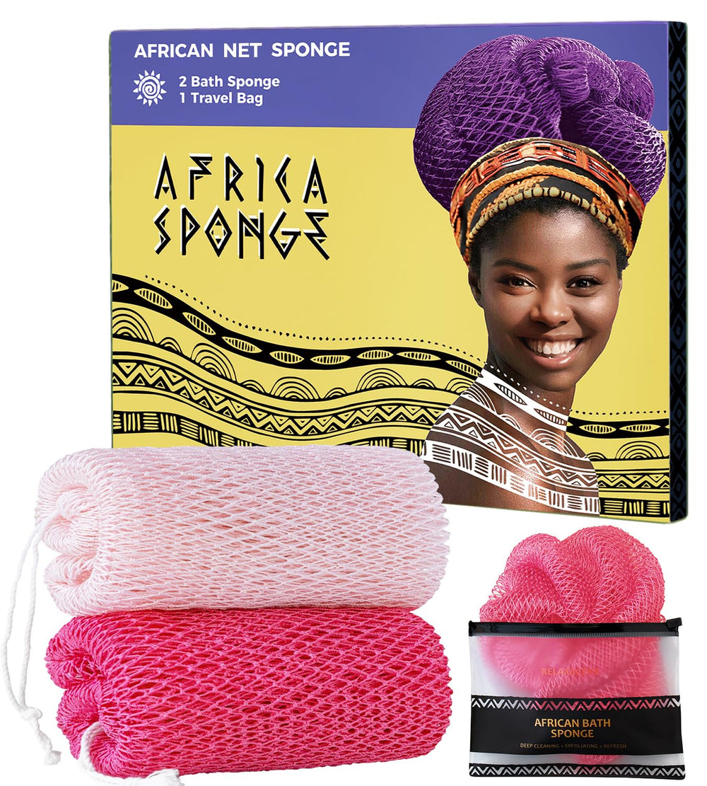RelaxScene esponja de red africana auténtica, dos piezas, exfolia suavemente en rosa