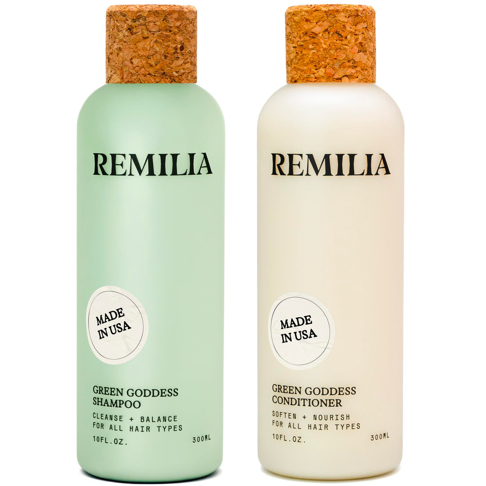 Remilia diosa verde champú botella: cabello limpio y brillante