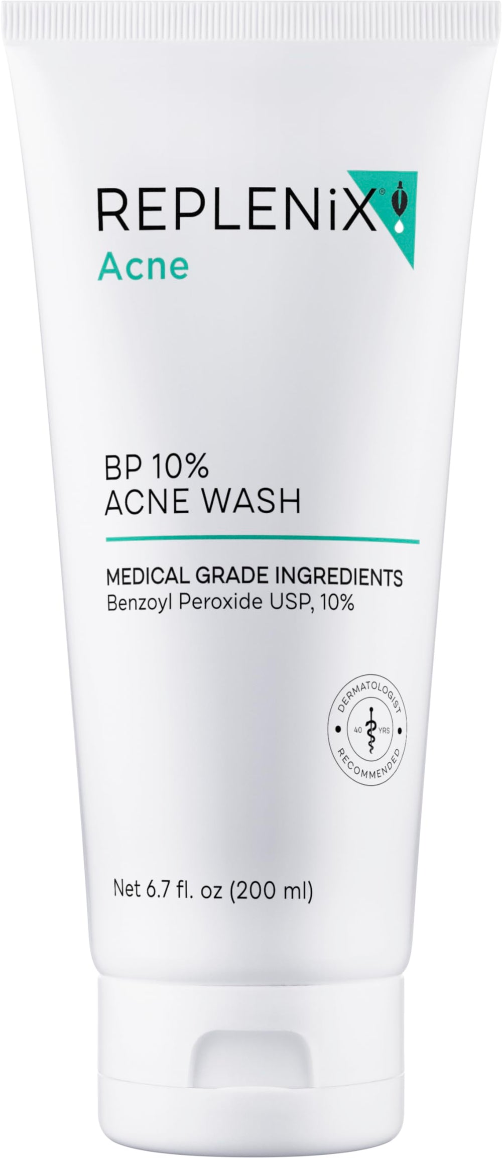 Replenix BP Acne Face Wash, botella-vertido, limpieza suave para piel propensa al acné.