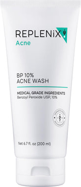 Replenix BP Acne Face Wash, botella-vertido, limpieza suave para piel propensa al acné.