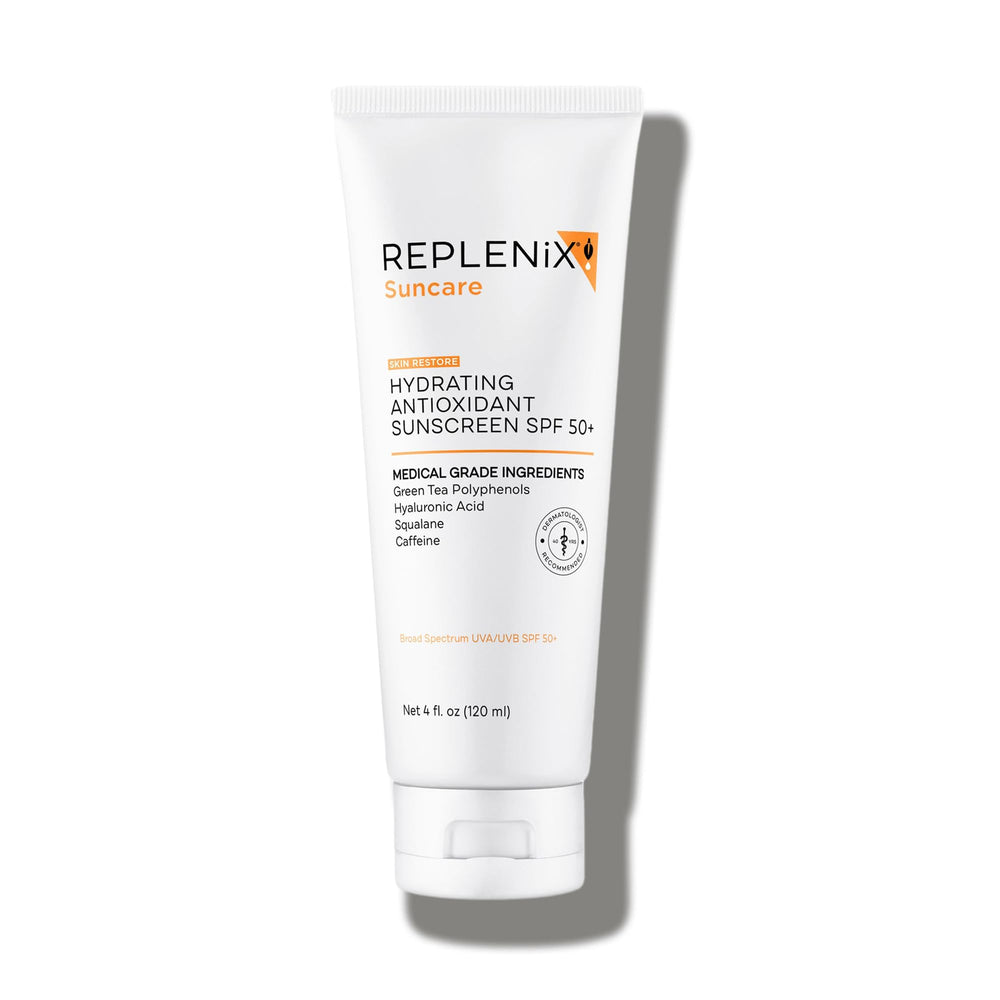 Replenix Écran Solaire SPF50, bouteille élégante, protection antioxydante pour la peau.