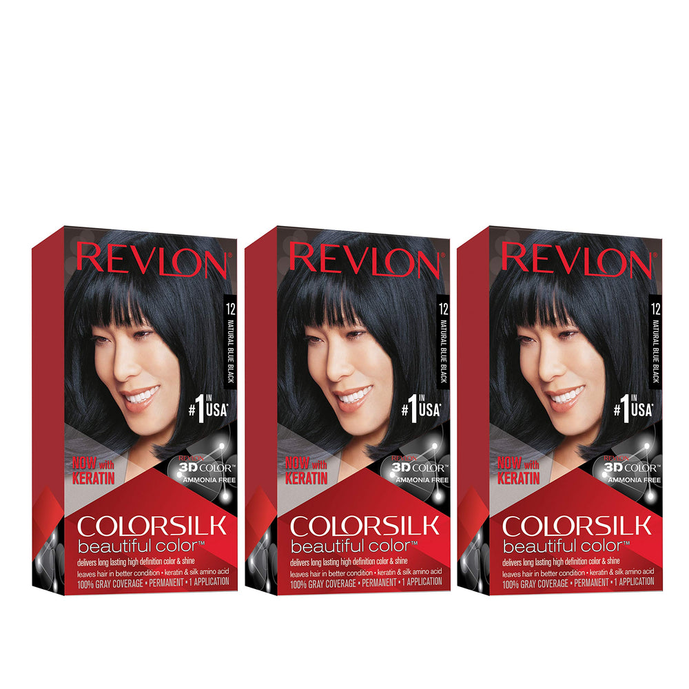 REVLON Colorsilk 12 Natural Azul Negro, paquete 3, cobertura 100% de canas.