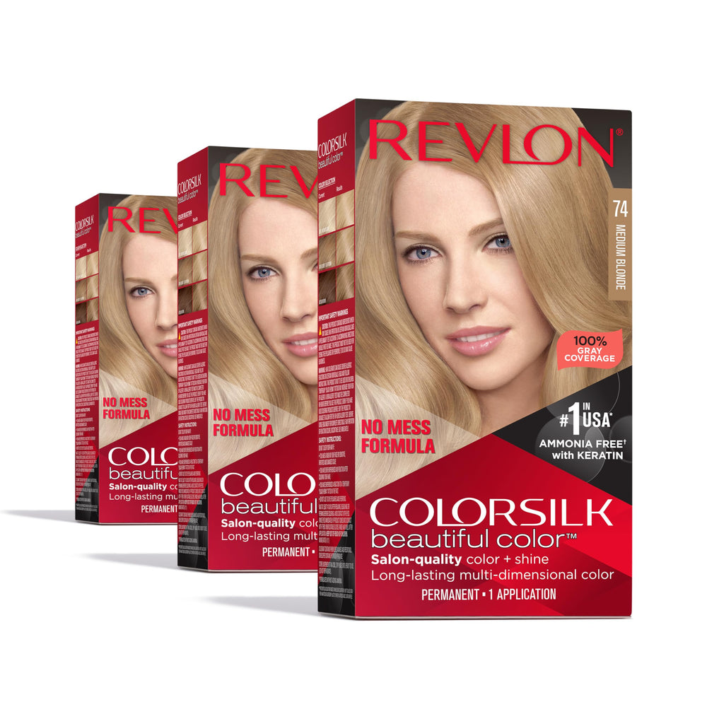Revlon ColorSilk tono 74 medio rubio, paquete de 3 para uso en casa.