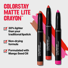 REVLON ColorStay Matte Lite Crayon, acabado mate no reseca y color cómodo.