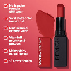 Revlon ColorStay Suede Ink, barra labial angulada para aplicación precisa.