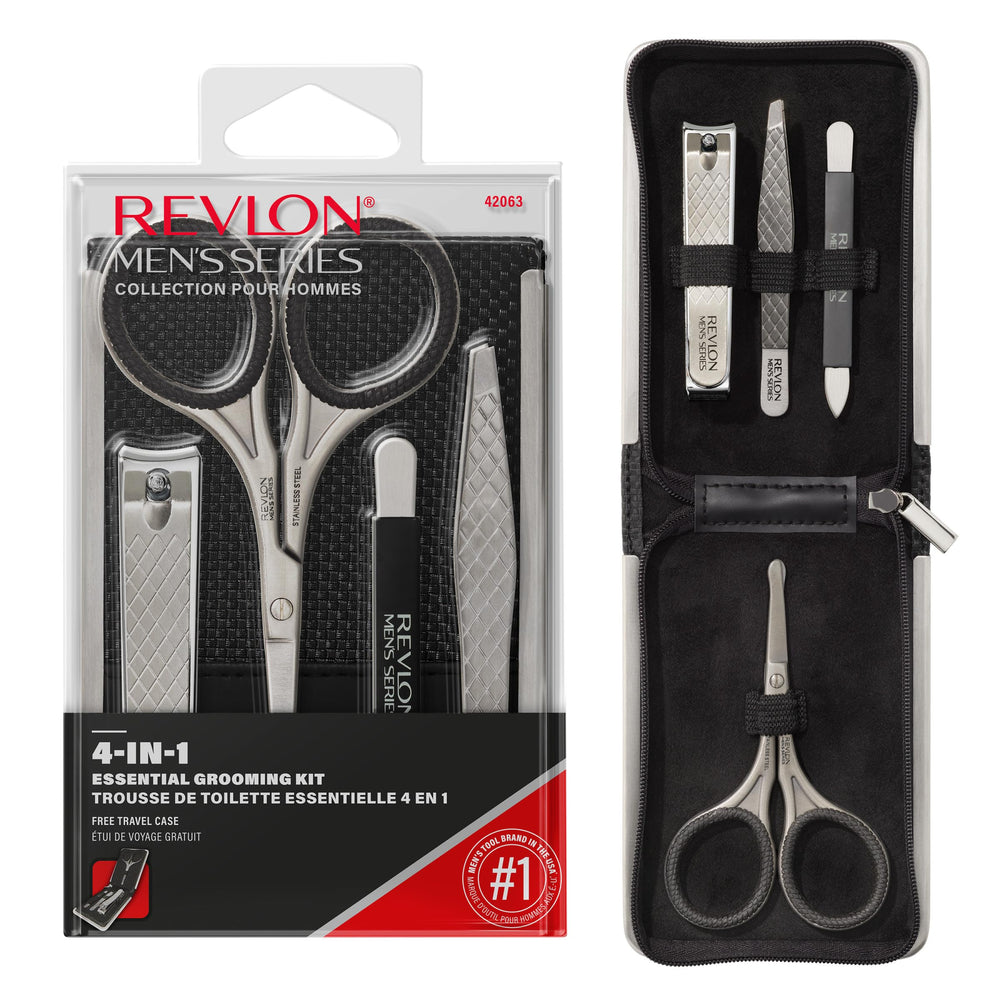 REVLON kit de cuidado para hombre en estuche de cuero vegano, listo para viajar.
