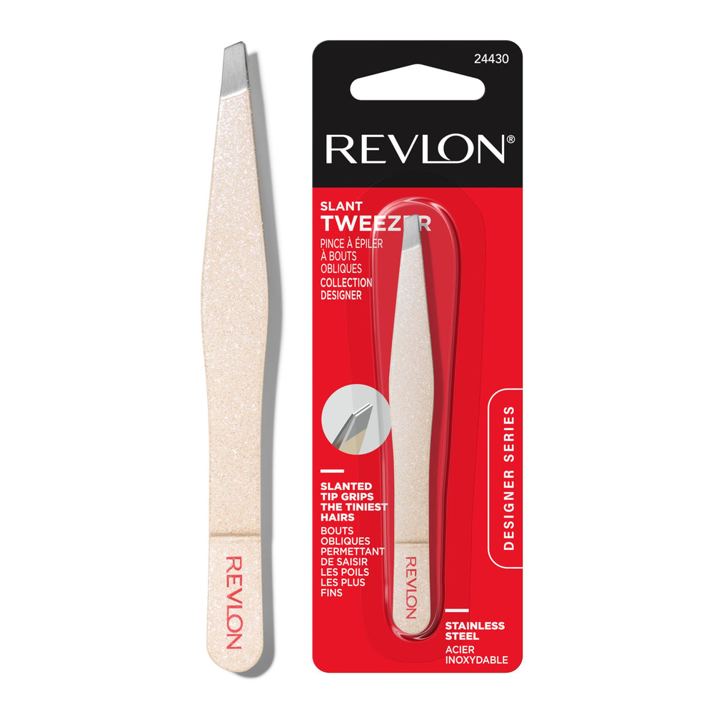 Pinza Revlon Serie Designer con punta inclinada para depilación precisa en áreas reducidas.