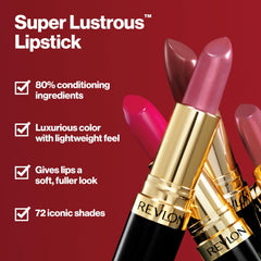 REVLON Super Lustrous Lipstick pigmentos-microfinos brindan color rico sin sensación pesada.