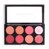 Revolution Ultra Blush: paleta de ocho tonos pigmentados para un rubor versátil.