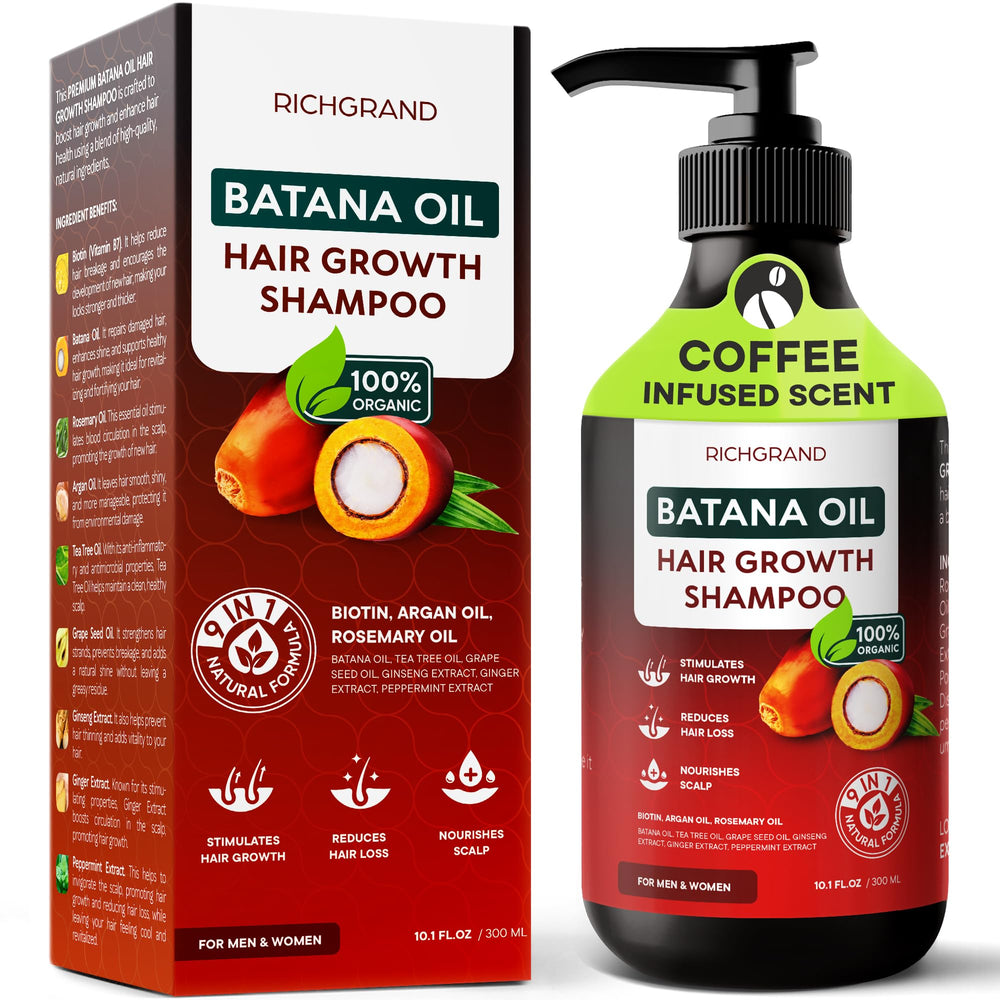 RICHGRAND Batana Oil Shampoo muestra la botella elegante para cuidado diario del cabello.