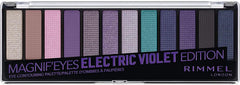 Rimmel Magnif’Eyes paleta 12 sombras Electric Violet, empaque compacto para viaje.