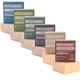 Rinse & Robust barra de jabón natural en caja kraft, ideal para viaje y regalo.