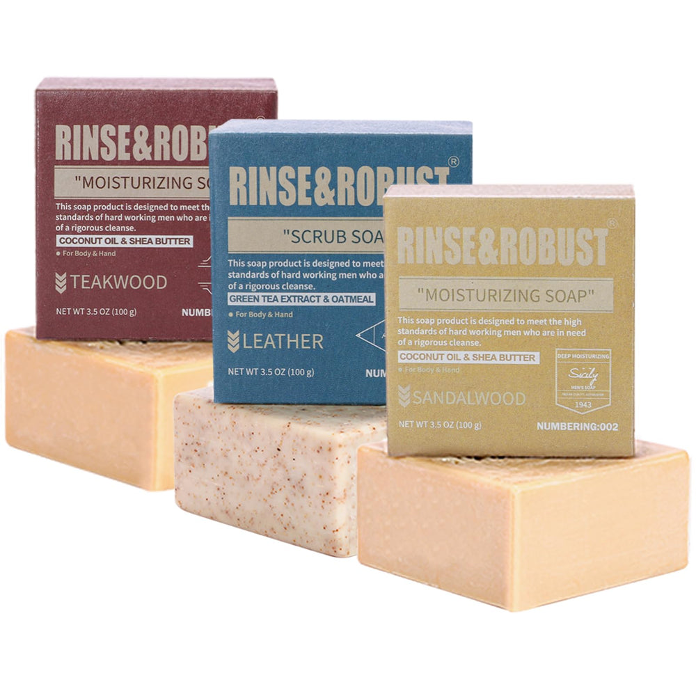 Rinse & Robust jabón en barra cuero: fragancia masculina para uso diario.