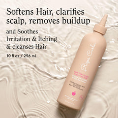 Rizos Curls botella de enjuague para cabello suave y brillo natural.