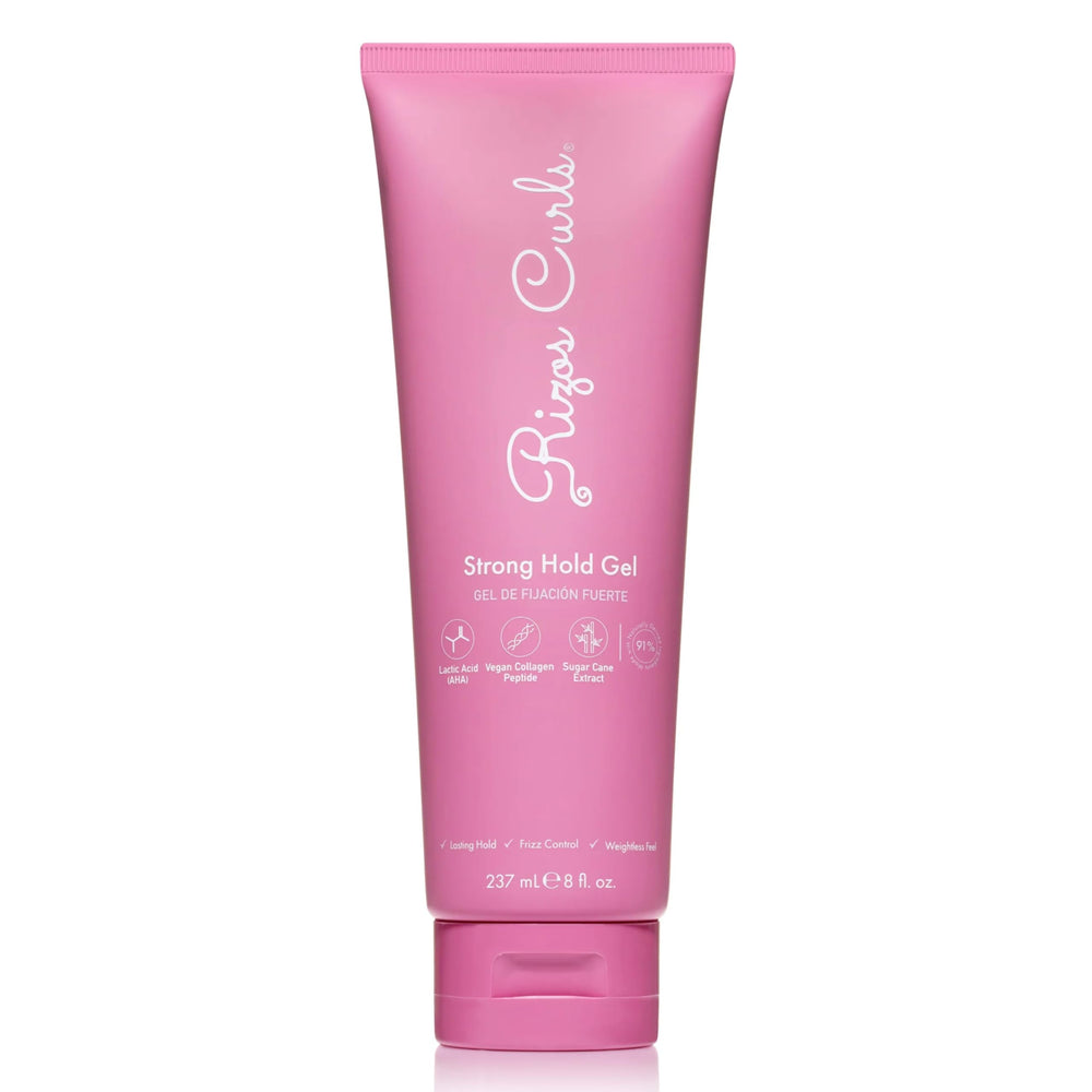 Rizos Curls Strong Hold Gel bottle with label showing long-lasting hold.