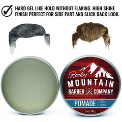 Lata de pomada Rocky Mountain Barber Company con brillo alto para un acabado elegante