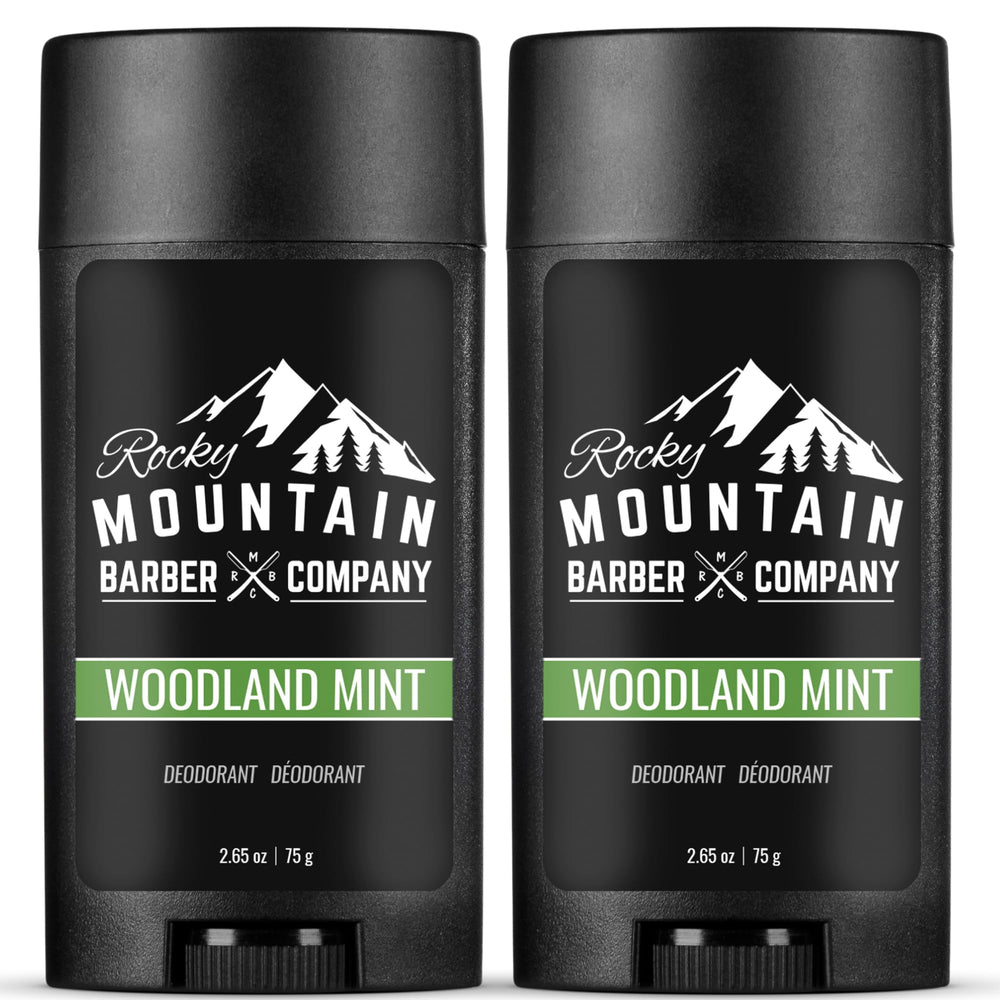 Desodorante Rocky Mountain Barber Woodland Mint, envase doble para uso continuo.