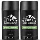 Desodorante Rocky Mountain Barber Woodland Mint, envase doble para uso continuo.