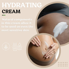 Roe Wellness mamá sosteniendo barriga: aplicando crema para elasticidad.