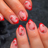 ROFIBUT uñas rojas con borde francés y cereza, brillo duradero para eventos