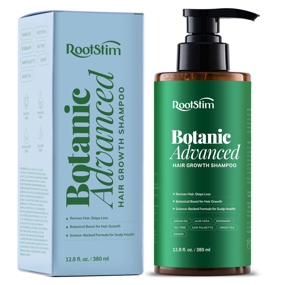 RootStim champú crecimiento cabello con romero y cafeína, botella para uso diario.