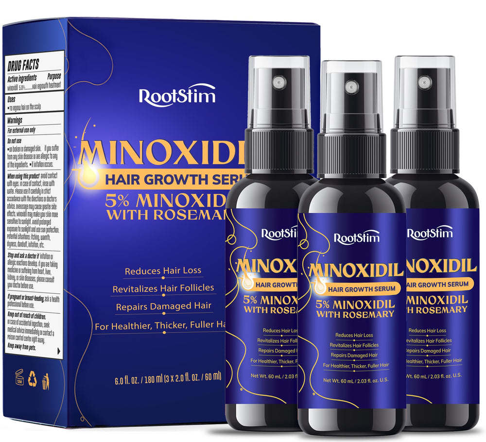 RootStim Minoxidil 5% con romero: botella para aplicación precisa.