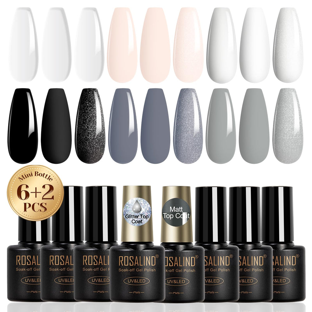 ROSALIND set de esmaltes gel negro y blanco, ideal para contrastes elegantes.