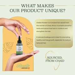 Roselle Naturals aceite Chebe hidrata y aporta brillo natural.