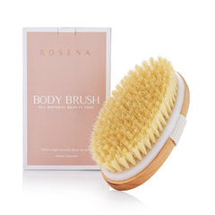 Brocha ROSENA con diseño oval y cerdas naturales para exfoliar piel seca.