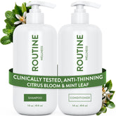 Routine Wellness champú anti-afinamiento en botella fortalece desde la raíz.
