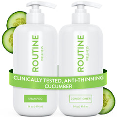 Routine Wellness champú anticaída, botella frontal, cabello más lleno y con brillo
