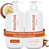 Routine Wellness shampoo botella mostrando fortaleza capilar y volumen potencial