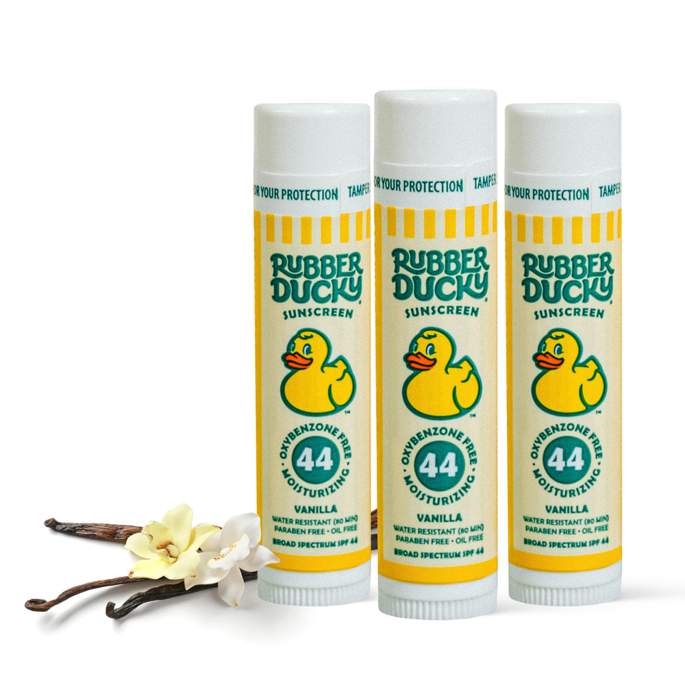 Rubber Ducky SPF 44 lip balm tube front view for sun protection.