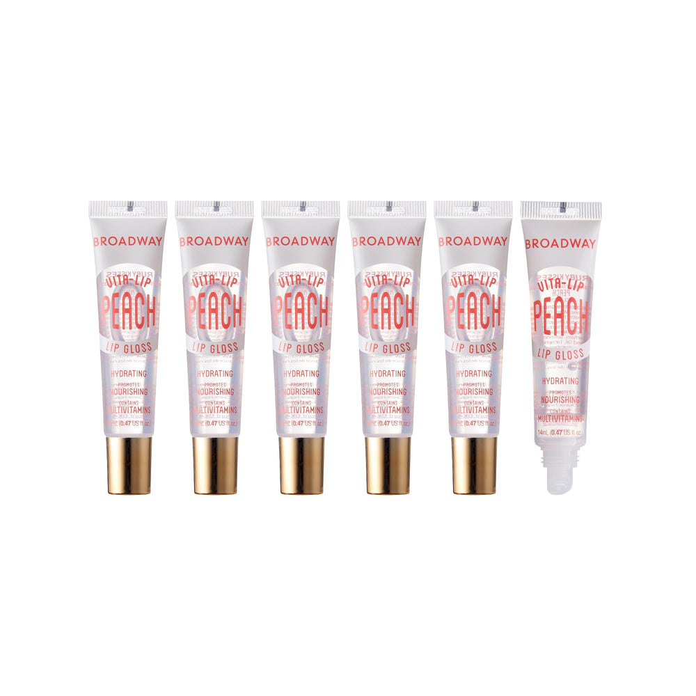 Ruby Kisses Broadway Vita-Lip envase transparente para un brillo claro e hidratante.