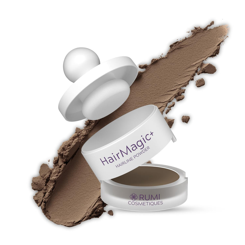 Rumi Cosmetiques HairMagic+ root coverage powder blends seamlessly for natural gray concealment.