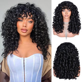 RunM Black Curly Wig with Bangs front view showing voluminous curls for daily wear
