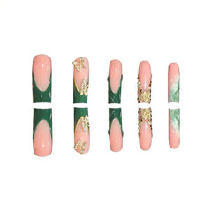 RUOKEXIN uñas Frances verde con brillos dorados para eventos.