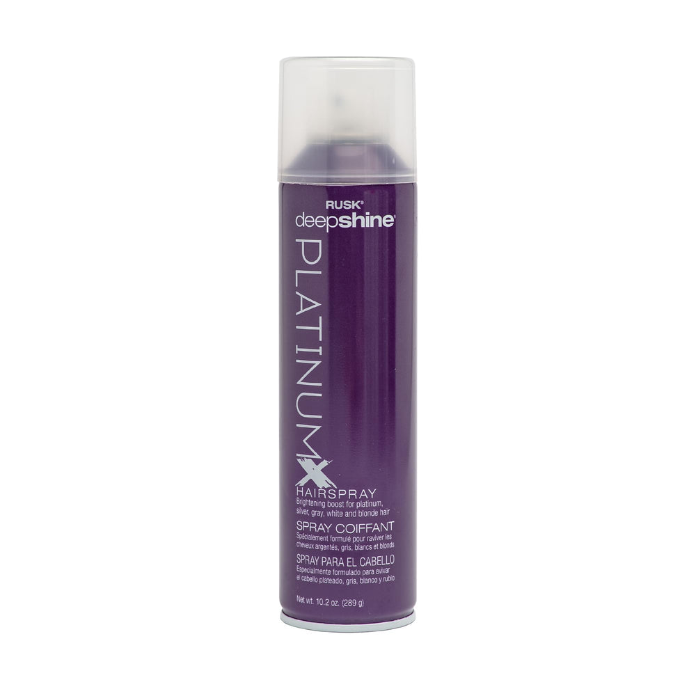RUSK Deepshine PlatinumX hairspray: secado rápido para brillo duradero y fijación.