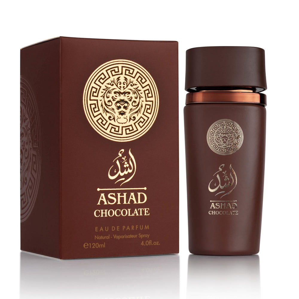 SAADAH Ashad Chocolate, botella frontal, presencia elegante y masculina.